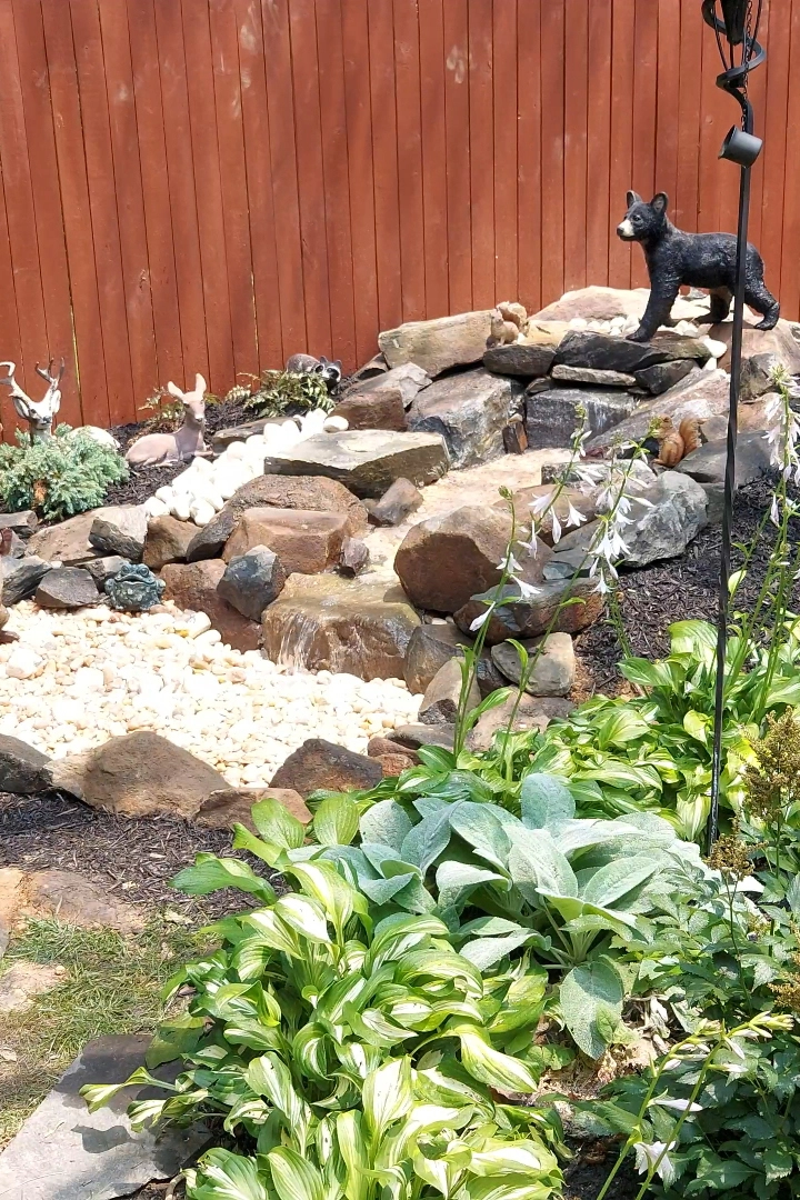 natural looking pondless waterfall built with ticondoroga boulders