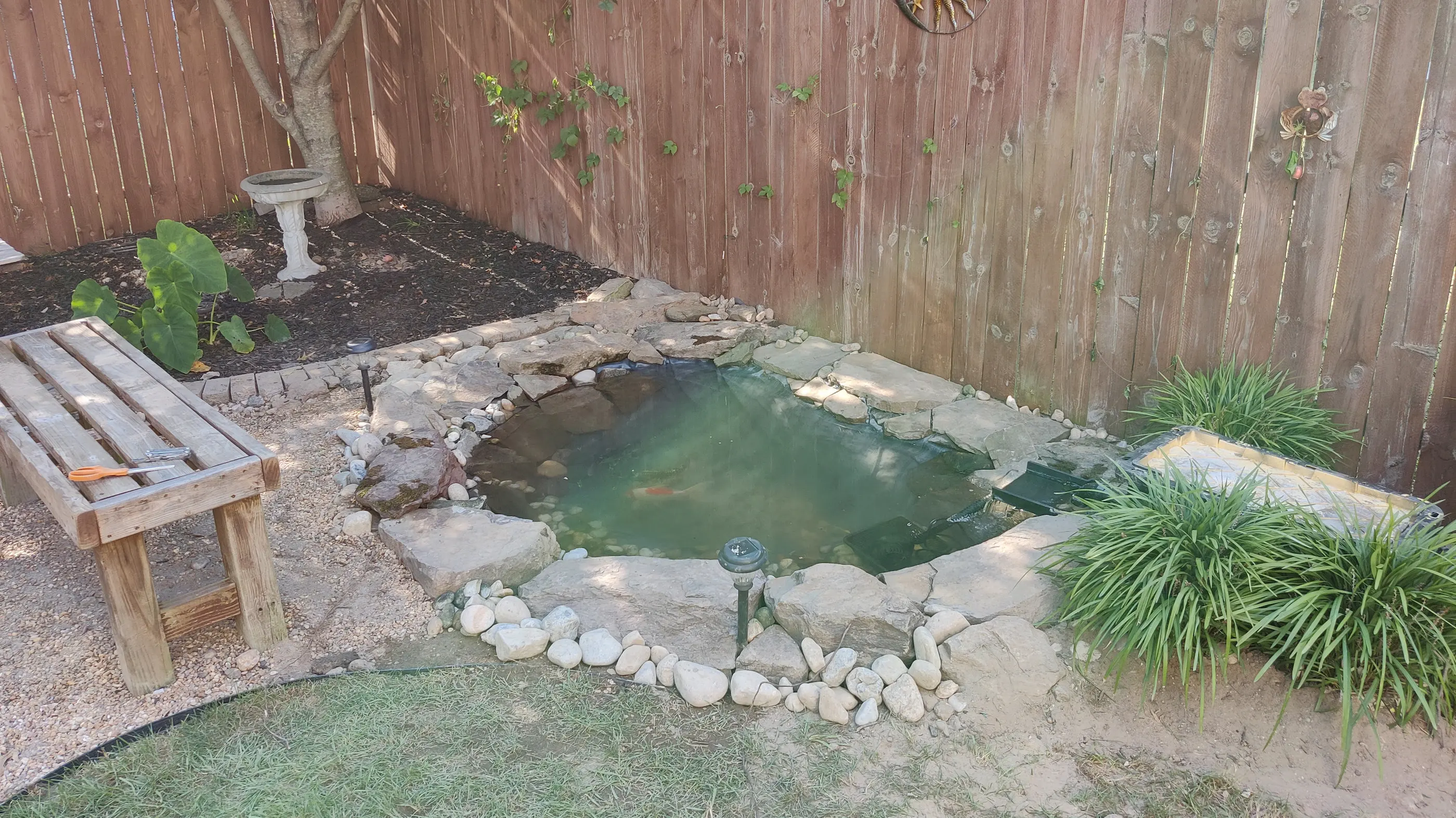 Our client noticed that her fish were acting weak so she called us to take a look at the pond.
						Upon inspecting the pond, we determined that it needed a full clean out as the water was cloudy and full of toxins from a fish that died.
						After getting the pond cleaned, our client decided to enlarge it as her fish had outgrown the current space.
						An enlarged pond would be beneficial for the fish because larger bodies of water are more stable and less
						prone to a chemical imbalances such as ammonia spikes. We excavated a larger hole, added new liner, and rebuilt
						the pond with large boulders.