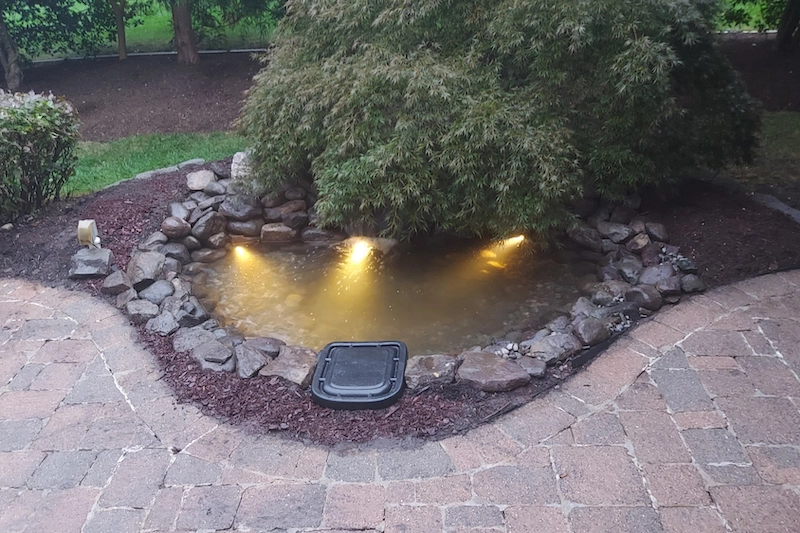 virginia pond rebuilt with new skimmer, biofalls, and three aquascape submersible lights