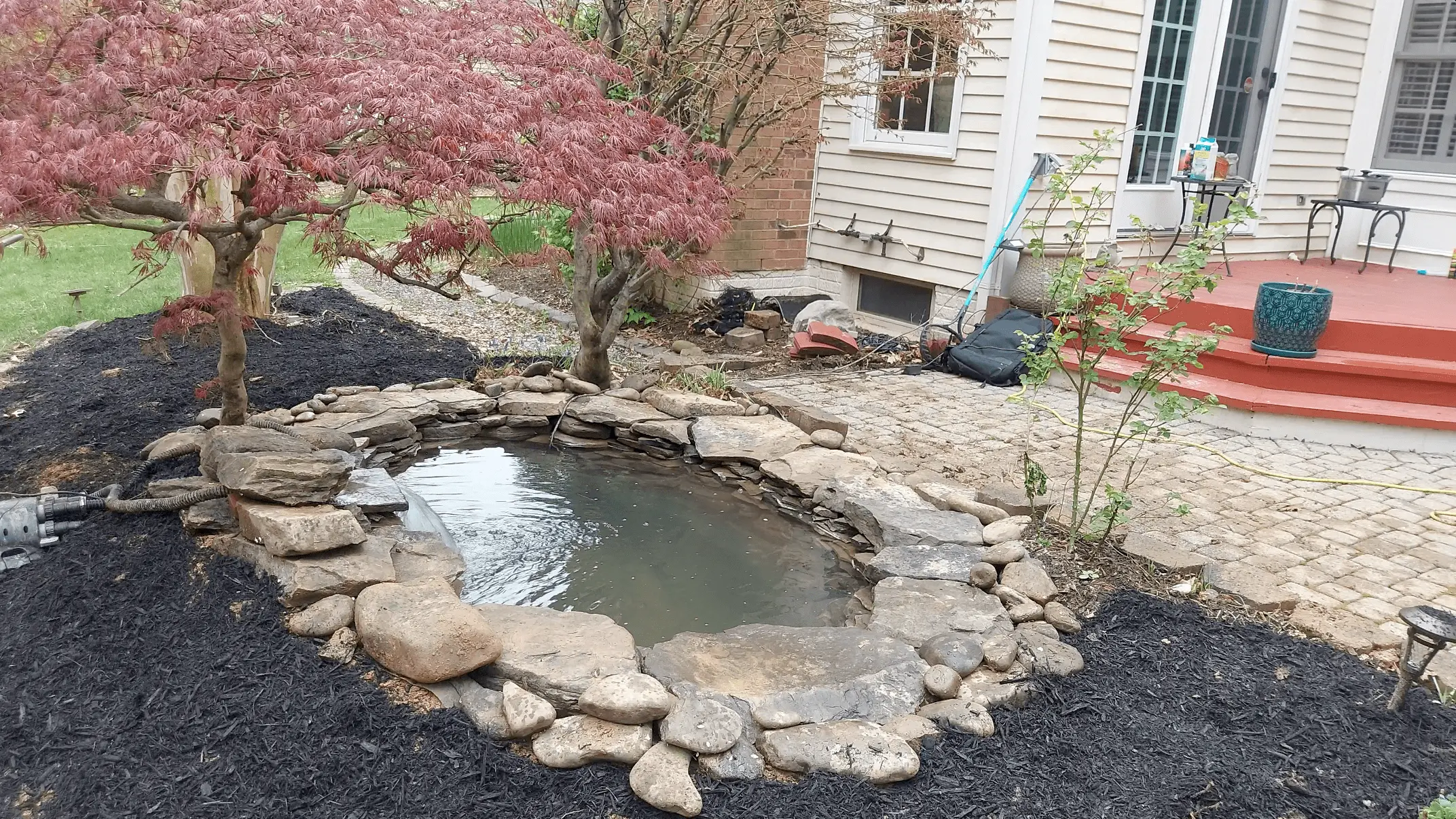 A small pond built under a japanese maple tree in Germantown, MD. The pond was built with the waterfall facing the house 
					so that our clients can view it from the outdoor patio, kitchen, and living room. The pond was equipped with a pressure filter for filtration. Most pressure filters have a backwash system that allows the pond to be drained without an external pump. The backwash can be used to clean the media inside the filter and do water changes at the same time. 