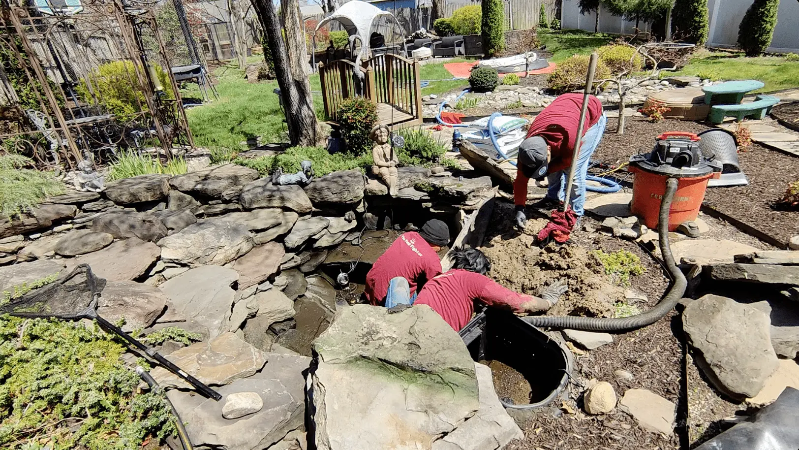 Sometimes the wall of a backyard pond can collapse due to poor construction. In this photo our crew is removing the large edge stones in order to access and repair the ground underneath it.